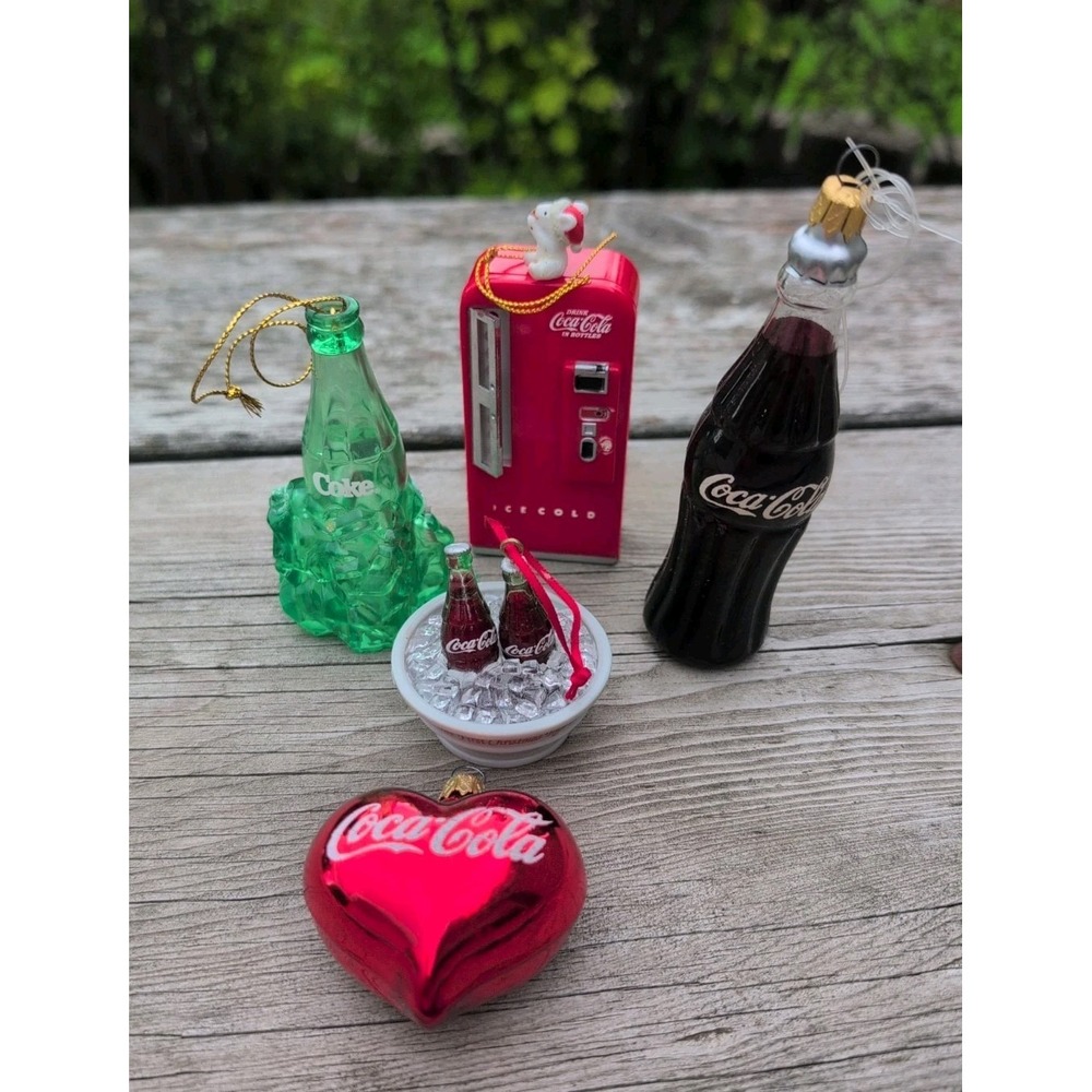 VNTG LOT OF 5 COCA-COLA PLASTIC XMAS ORNAMENTS BOTTLES CAN & MACHINE Kurt Adler